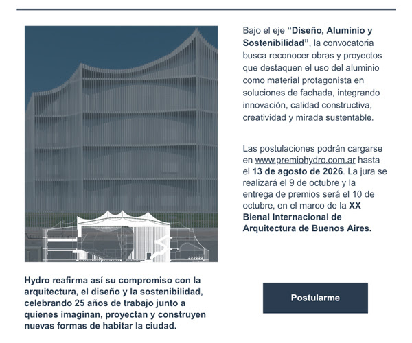 Abrió la convocatoria al Premio Hydro – XX Bienal de Arquitectura |Tu obra, tu equipo y el aluminio como protagonistas - Imagen 1